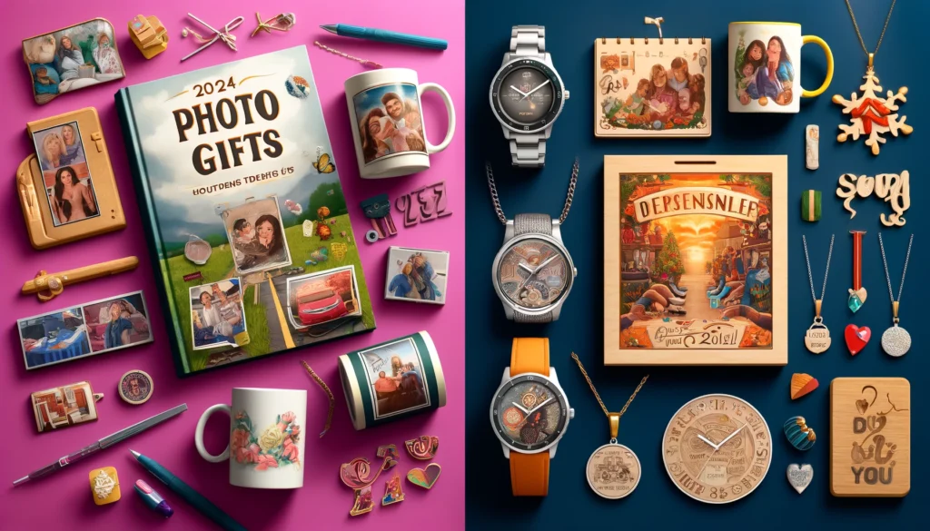 Ein Bild, das verschiedene personalisierte Fotogeschenke zeigt: ein Fotobuch mit persönlichen Erinnerungen, Fotopuzzles mit eigenen Bildern, personalisierte Tassen mit individuellen Motiven und personalisierte Fotokalender.