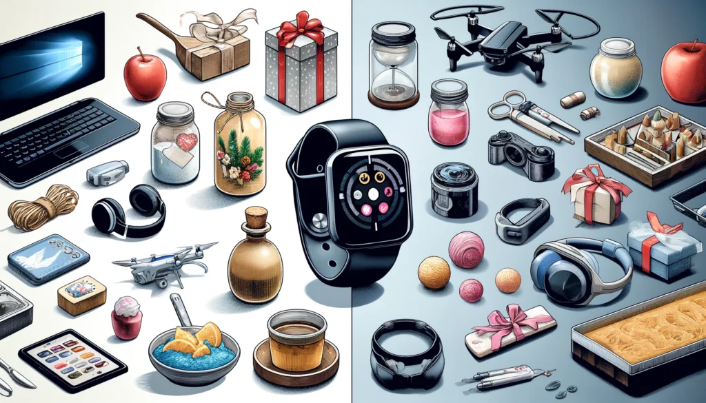 Ein Bild, das Technik-Gadgets und selbstgemachte Geschenke darstellt. Auf einer Seite sind Smartwatches, kabellose Kopfhörer mit Geräuschunterdrückung und Drohnen abgebildet. Auf der anderen Seite sieht man DIY-Backmischungen im Glas, handgemachte Seifen und Badekugeln sowie selbst gestaltete Tassen.