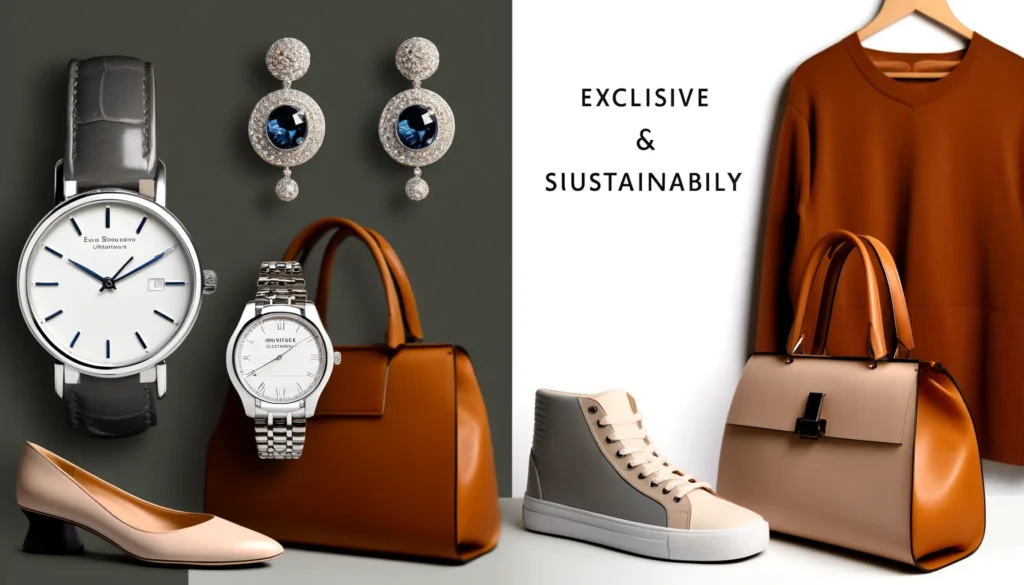 Ein Bild, das exklusive und elegante Schmuckstücke und Accessoires zusammen mit nachhaltigen Modetrends darstellt. Auf einer Seite sind exklusive Armbanduhren, hochwertige Ohrringe und elegante Handtaschen zu sehen. Auf der anderen Seite sind fair produzierte Kleidung, trendige Sneaker und klassische Lederhandtaschen abgebildet.