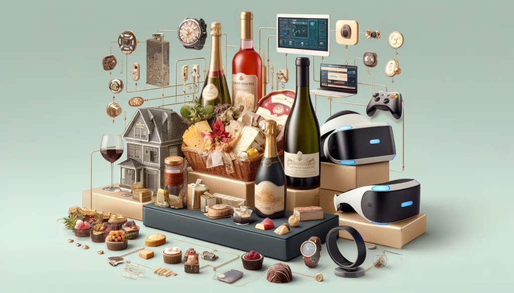 Ein Bild, das Gourmet-Produkte zusammen mit aktuellen Technik-Innovationen für ein vernetztes Zuhause zeigt. Auf einer Seite sieht man Feinkostkörbe mit exquisitem Käse, feinem Wein und erlesener Schokolade, hochwertige Weine und Champagner sowie edle Pralinen. Auf der anderen Seite werden Smart Home-Systeme, Virtual Reality-Brillen und Fitness-Tracker präsentiert.