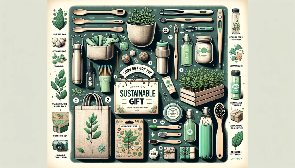 Infografik über nachhaltige Geschenke: umweltfreundliche Produkte, wiederverwendbare Artikel und DIY-Kits.