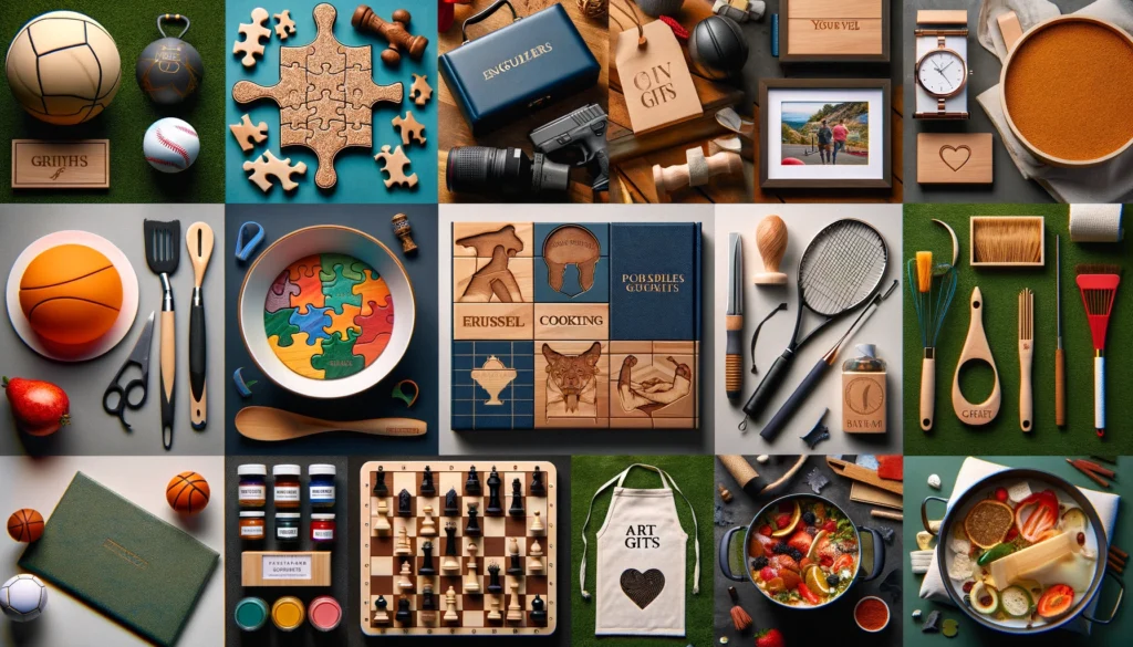Personalisierte Geschenke für verschiedene Hobbys, wie gravierte Puzzles, Sportausrüstung, Küchengadgets und Kunst-Sets.