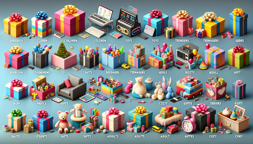Geschenkideen für Geburtstage, passend für unterschiedliche Altersgruppen: Spielzeug für Kinder, Gadgets für Teenager, praktische Geschenke für Erwachsene und gemütliche Geschenke für Senioren.