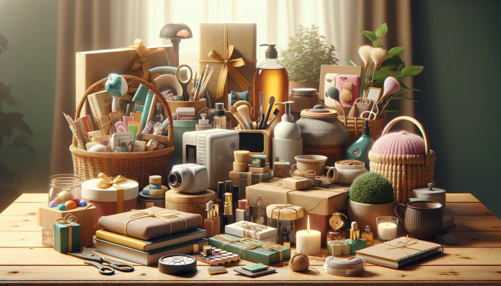 Eine ansprechende und realistische Darstellung verschiedener budgetfreundlicher Geschenke, die auf einem Holztisch angeordnet sind. Zu sehen sind kleine Haushaltsgeräte, Bücher, Kosmetikartikel, Küchenaccessoires, kreative Bastelsets und kleine Pflanzen, alles in einer warmen und einladenden Atmosphäre mit sanfter Beleuchtung.