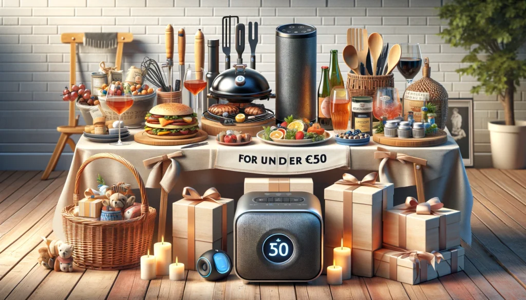 Eine realistische Darstellung einer Auswahl an budgetfreundlichen Geschenkideen unter 50€, einschließlich Küchenutensilien, Grillzubehör, Geschenkkörben mit regionalen Spezialitäten, Bluetooth-Lautsprechern und dekorativen Wohnaccessoires die elegant auf einem Tisch arrangiert sind. Die Atmosphäre ist stilvoll und dennoch erschwinglich.