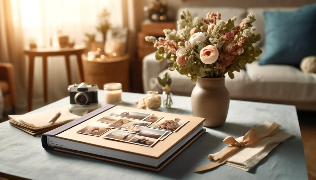 Geschenkideen für jeden Anlass und jede Person Ein offenes Fotobuch mit persönlichen Erinnerungsfotos, neben einer Vase mit frischen Blumen auf einem Holztisch.