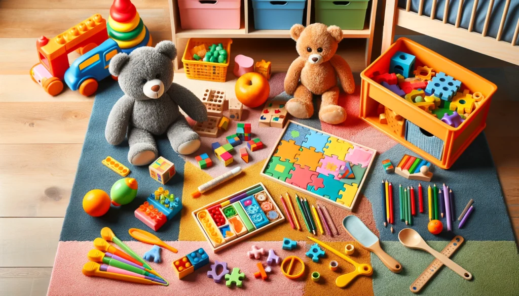 Bunte Bausteine und Puzzles arrangiert auf einem bunten Teppich, ideal für die Förderung der Kreativität bei Kindern.