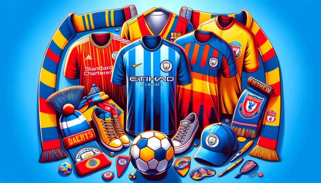 Eine Auswahl an Fanartikeln einschließlich Trikots, Schals und Caps, die die Farben und das Logo eines Sportteams zeigen.