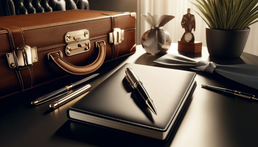 Eine elegante Büroecke mit einem hochwertigen Stift, einer Aktentasche und einem Notizbuch, ideal für professionelle Geschenke.