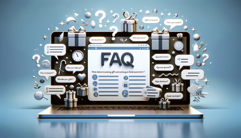 Ein Laptopbildschirm zeigt einen FAQ-Bereich mit verschiedenen Geschenk-bezogenen Fragen und Antworten.