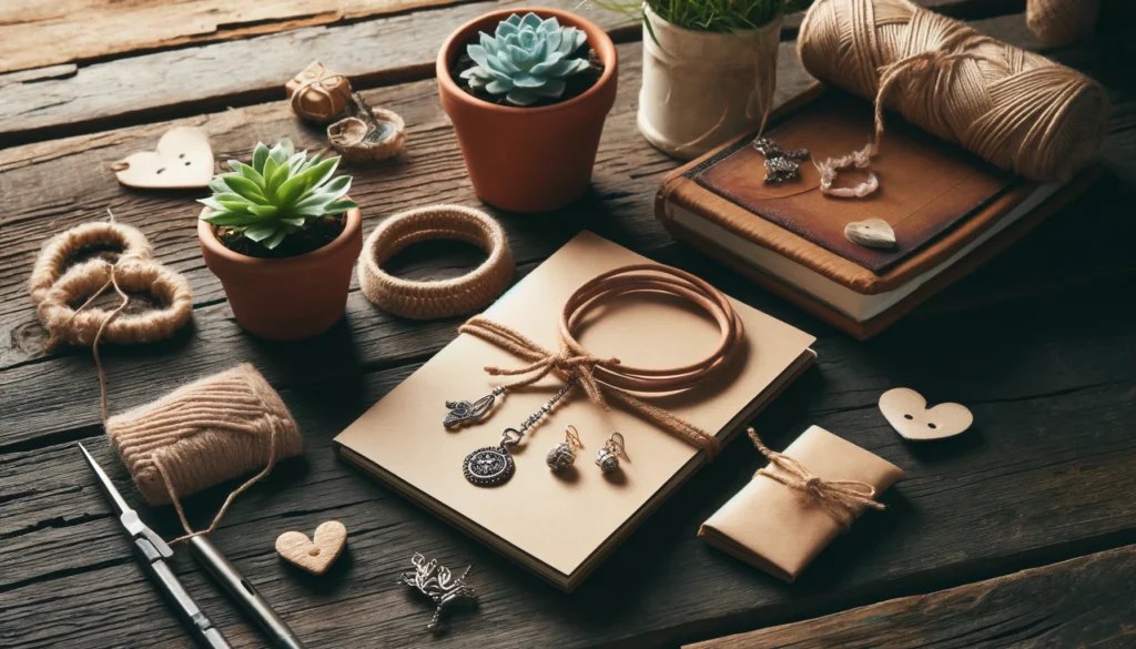 Eine Auswahl an durchdachten Geschenken für Freunde, arrangiert auf einem rustikalen Holztisch, darunter ein handgefertigtes Notizbuch, handgemachte Schmuckstücke und eine kleine Topfpflanze, die die Wichtigkeit von Freundschaft und Verbundenheit betont.