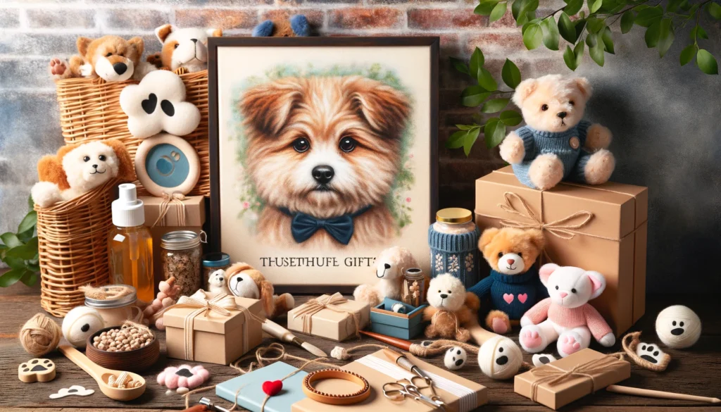 Eine herzerwärmende Szene mit verschiedenen Geschenken für Haustiere, darunter maßgeschneiderte Tierportraits, spezielle Haustierspielzeuge und personalisiertes Tierzubehör, künstlerisch arrangiert für Tierliebhaber.