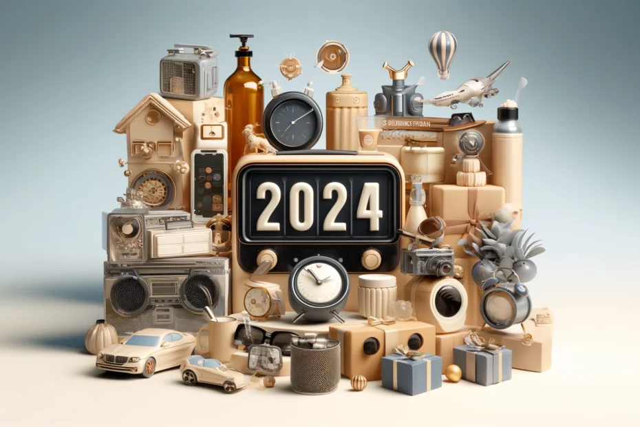 Eine trendige und stilvolle Darstellung verschiedener beliebter Geschenke für 2024, einschließlich moderner Gadgets, umweltfreundlicher Produkte und einzigartiger Modeartikel, die eine zeitgenössische und zukunftsorientierte Atmosphäre vermitteln.