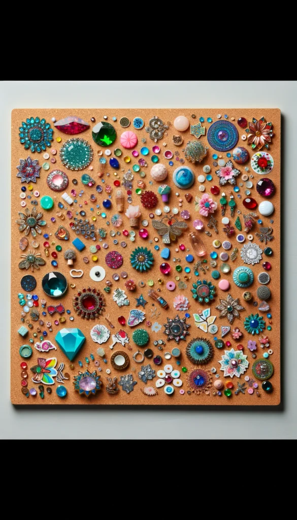 Eine dekorierte Korkplatte mit Schmucksteinen und Stickern.