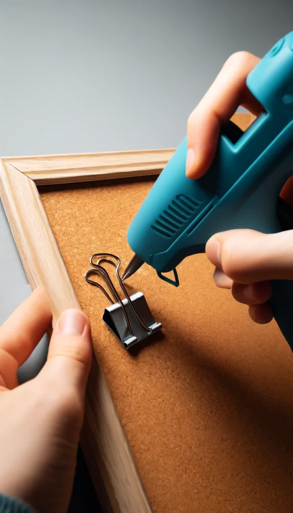 Foto-Klammern werden mit einer Heißklebepistole auf einer bemalten Korkplatte angebracht.