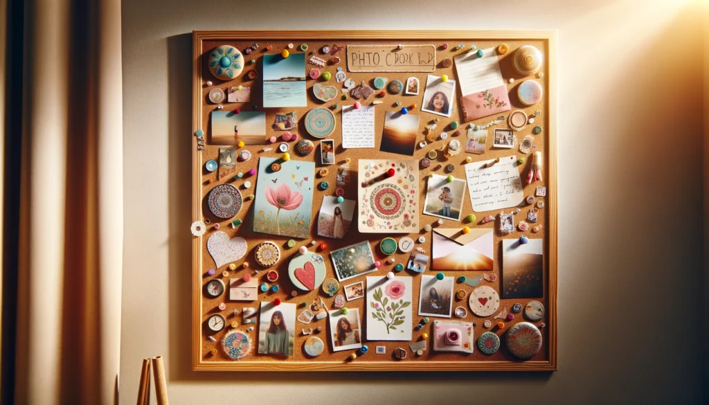 Eine vollständig dekorierte Foto-Kork-Pinnwand hängt an einer Wand, bestückt mit Fotos, Notizen und Zeichnungen