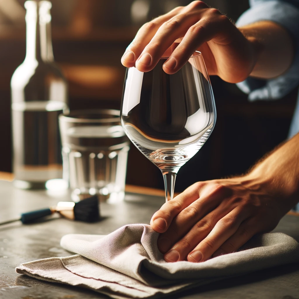Person reinigt sorgfältig ein personalisierte  Weinglas mit Alkohol zur Vorbereitung auf die Gravur
