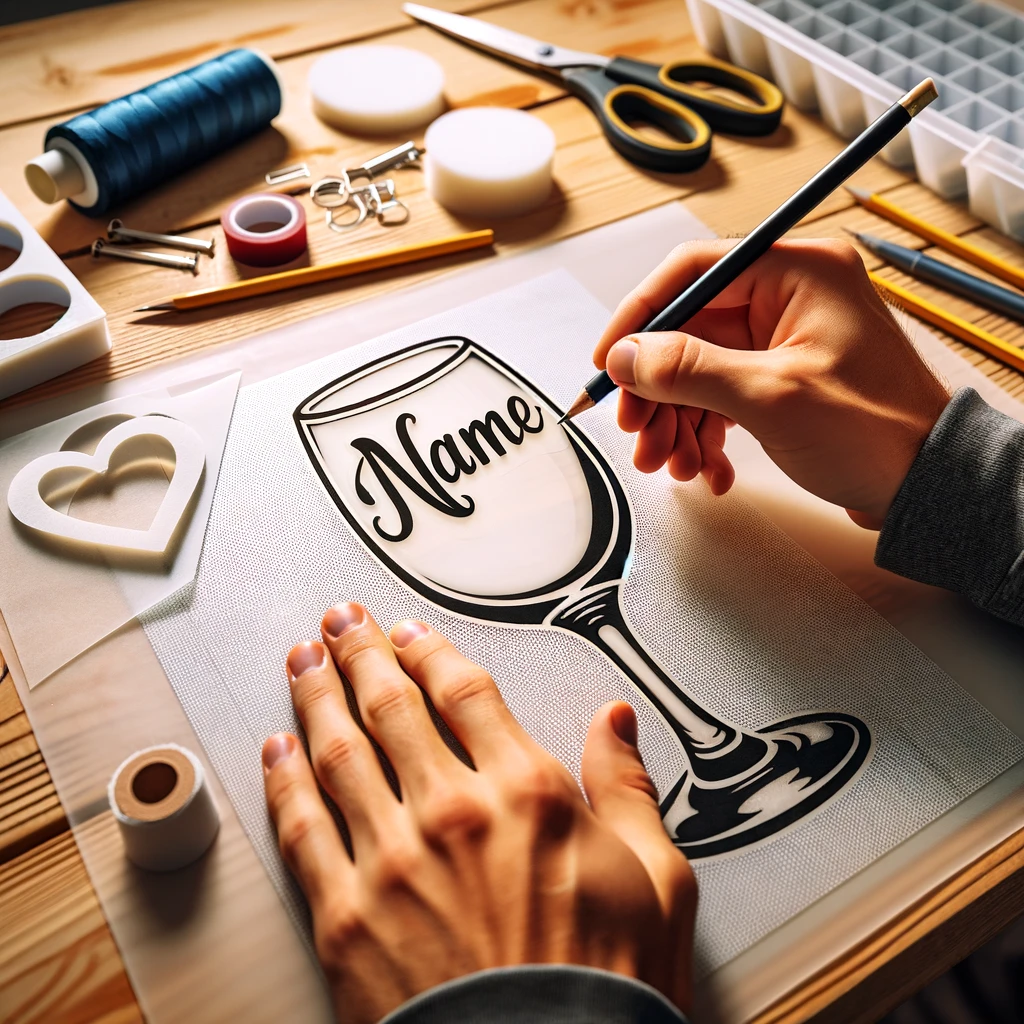 Übertragung des Namensdesigns auf ein personalisierten Weinglas mit Schablonenfolie