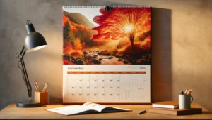 Ein personalisierter Fotokalender mit einer Herbstlandschaft wird in einem gemütlichen Raum gezeigt