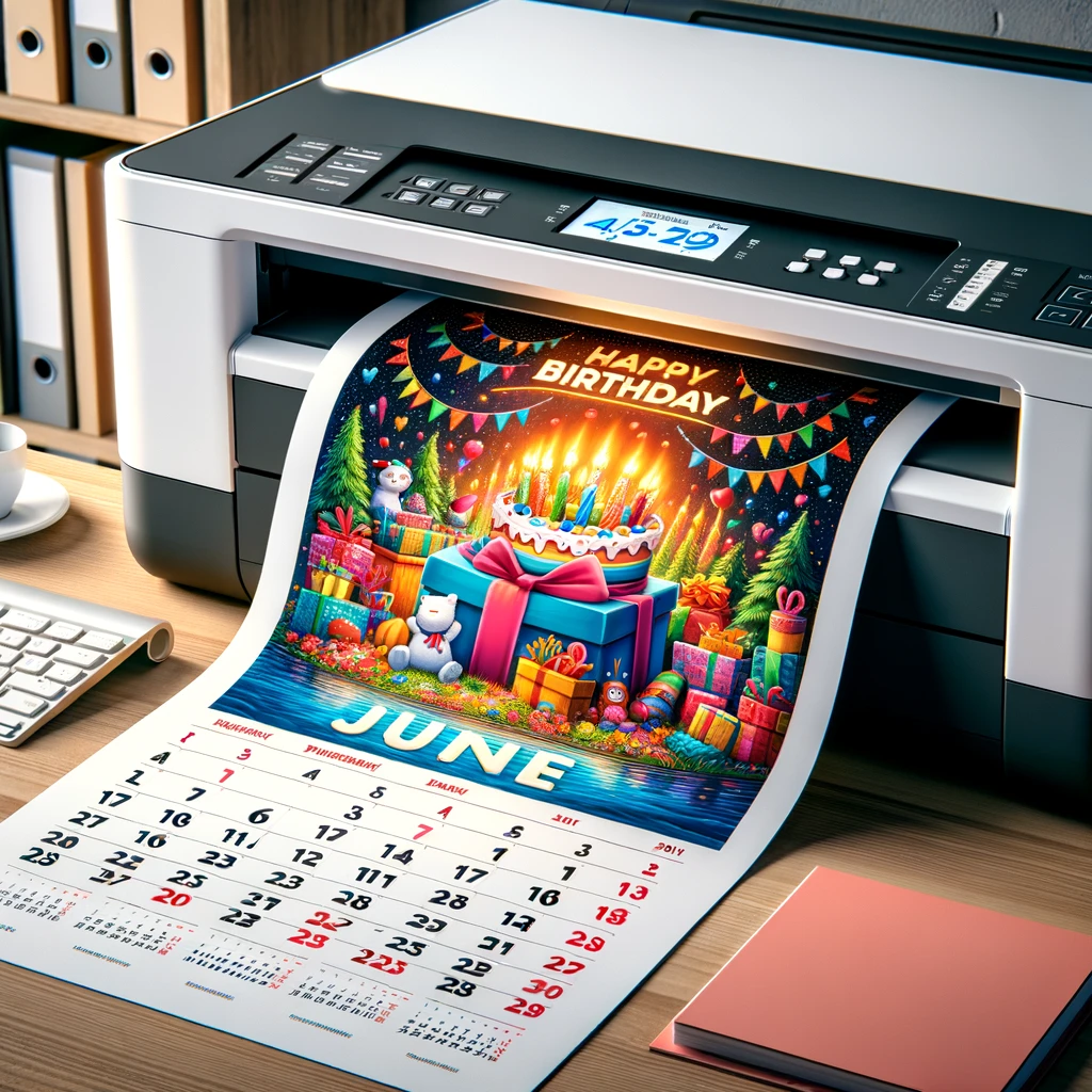 Ein hochwertiger Drucker druckt das fertige Kalenderblatt mit einem lebhaften Bild.
