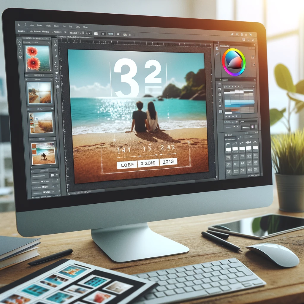  Eine Bildschirmansicht einer Grafikdesign-Software, die das Layout eines fotoKalender blatts zeigt.