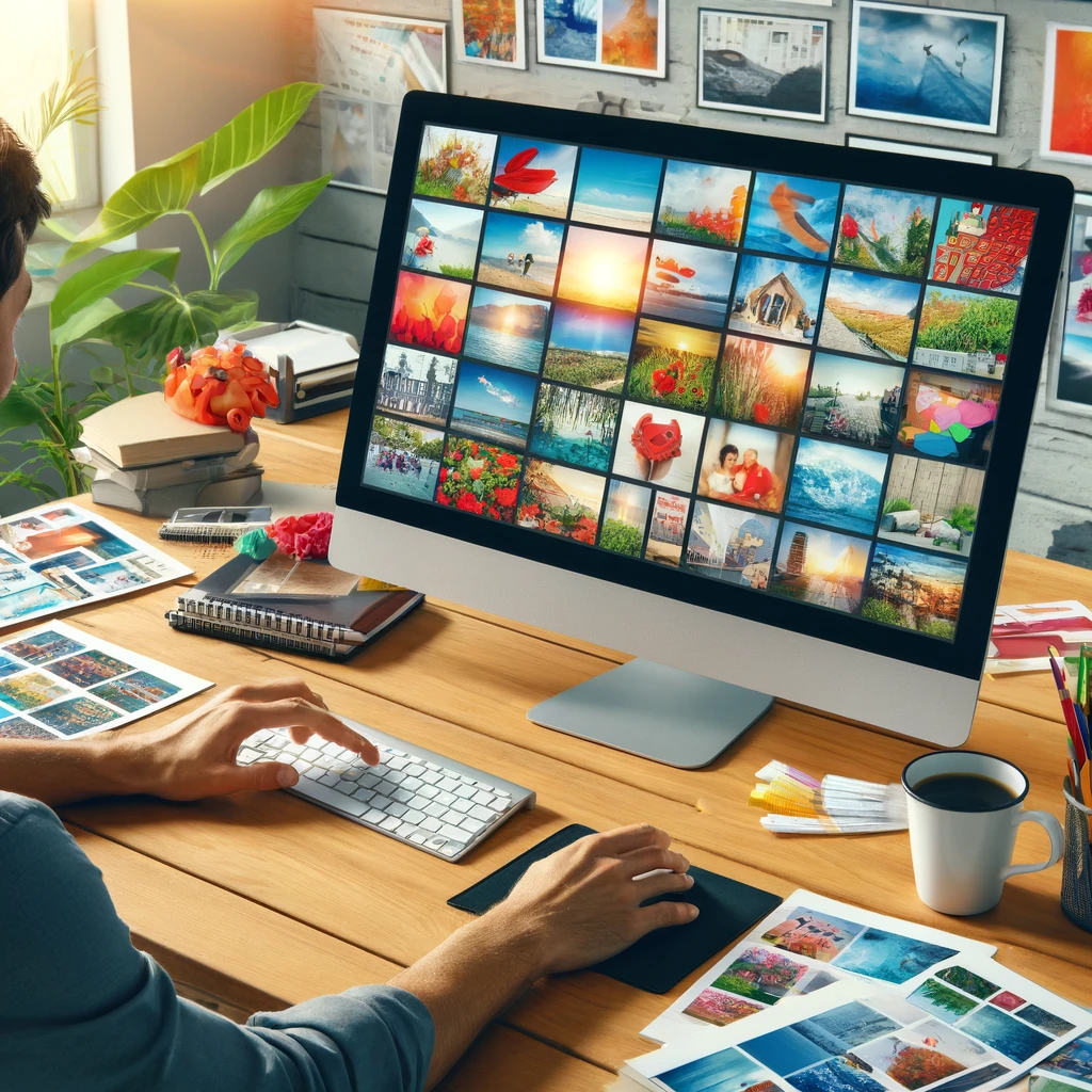Eine Person betrachtet eine fotokalender Auswahl von Fotos auf einem Computerbildschirm.
