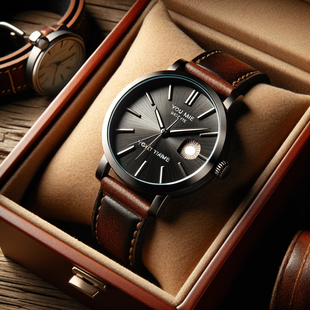 Geschenkideen für den Freund: Eine personalisierte Armbanduhr mit Lederarmband und Gravur, stilvoll präsentiert in einer Geschenkbox.