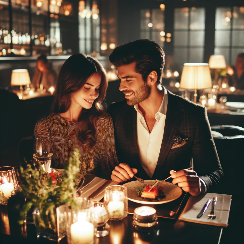 Ein Paar genießt ein romantisches Dinner in einem stilvollen Restaurant. Die Atmosphäre ist intim mit gedimmtem Licht und Kerzen auf dem Tisc
