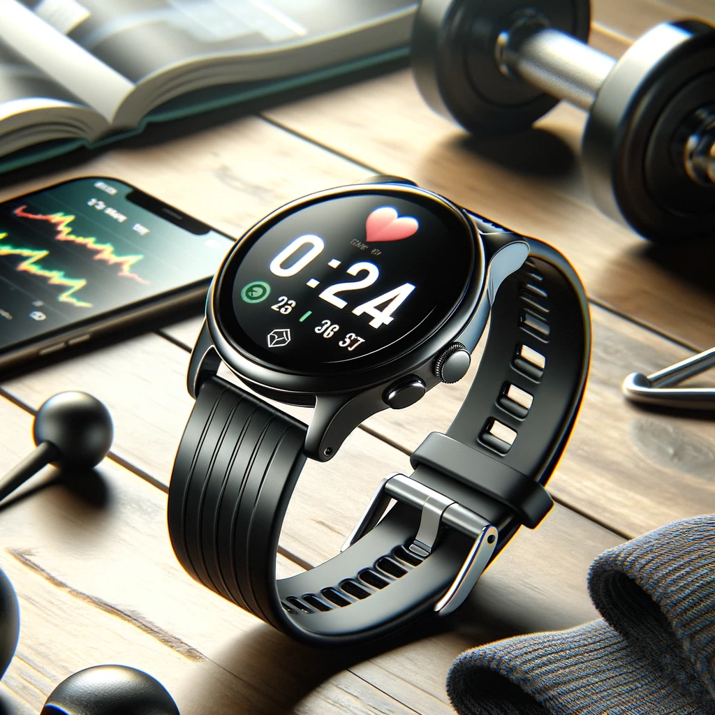 Eine moderne Smartwatch mit schlankem Design, die Fitnessdaten auf dem Bildschirm anzeigt. Die Smartwatch liegt auf einer stilvollen Oberfläche mit einigen Fitness-Accessoires.