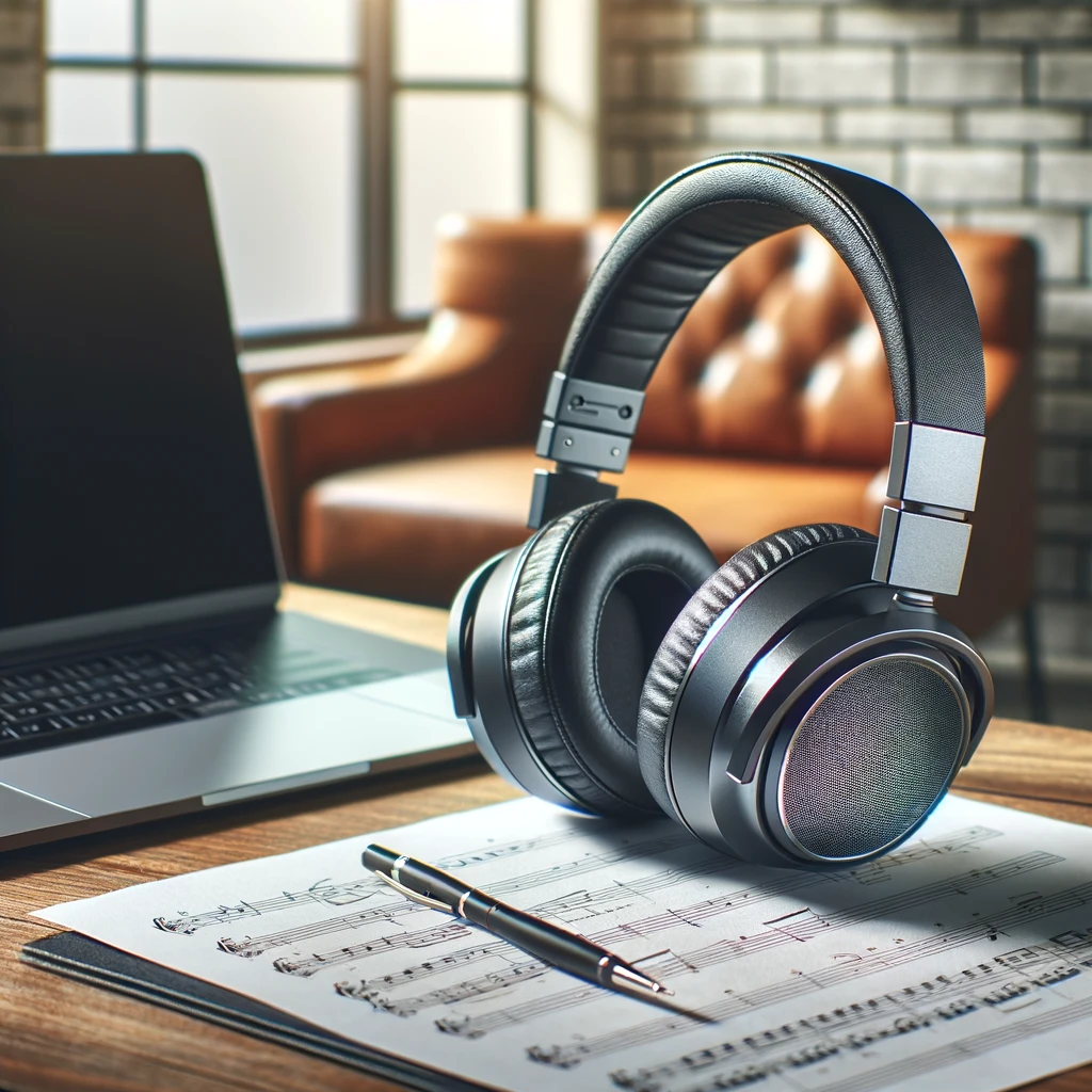 Ein Paar hochwertiger Over-Ear-Kopfhörer mit Geräuschunterdrückung, präsentiert auf einem modernen Schreibtisch mit Laptop und einigen Notenblättern.