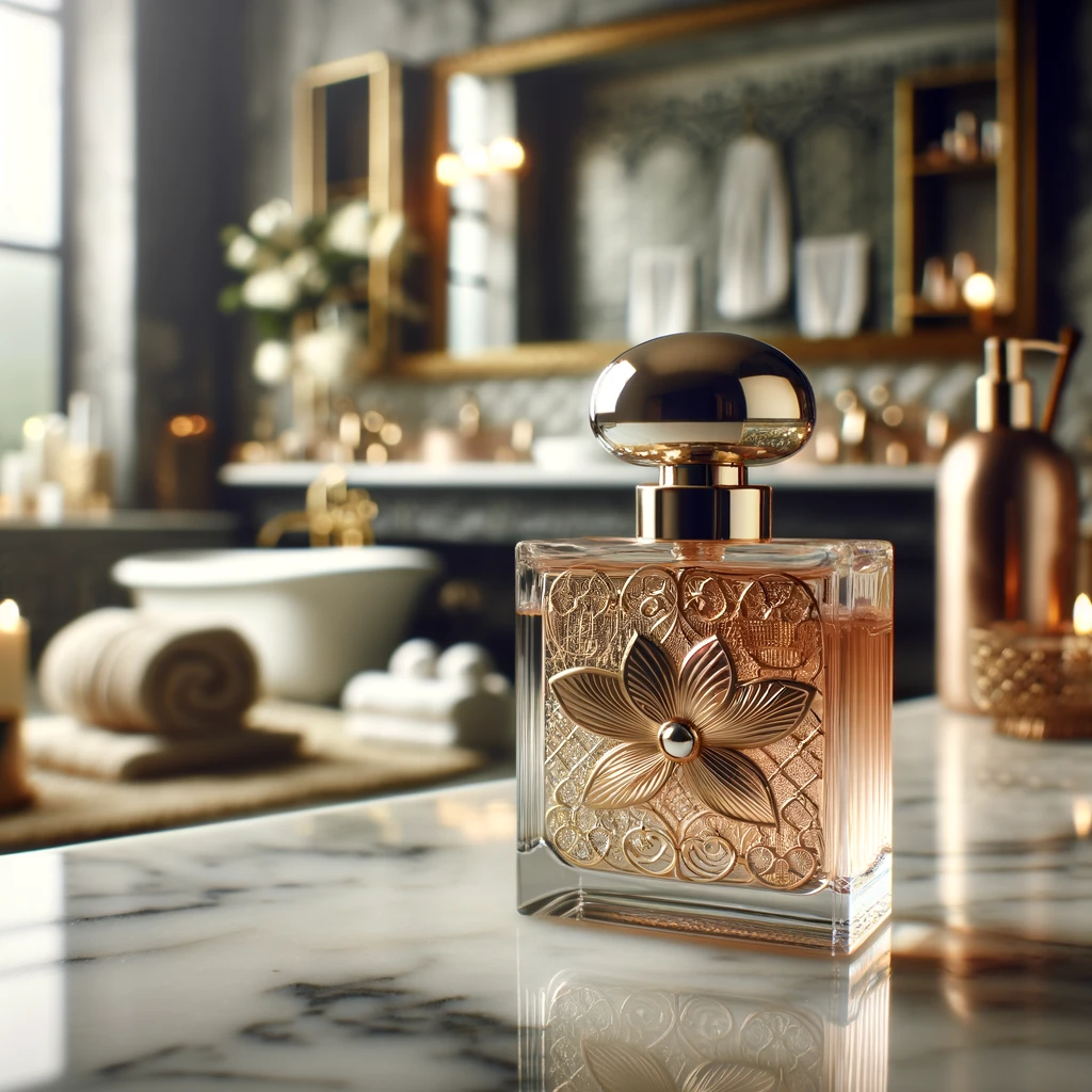 Geschenkideen für den Freund: Ein elegantes Parfumfläschchen auf einer Marmorplatte, im Hintergrund unscharf luxuriöse Badezimmer-Accessoires.