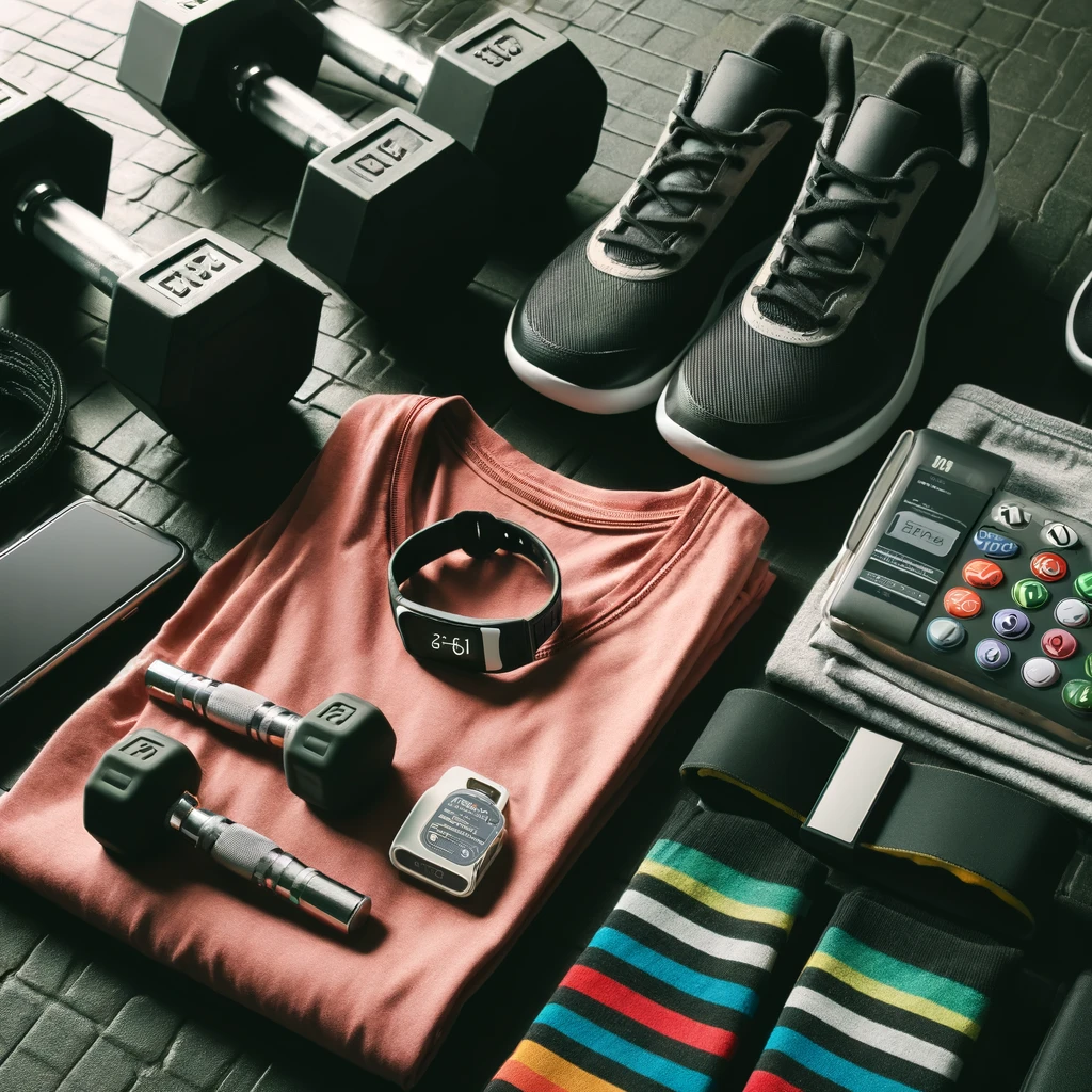 Ein Set von Fitnessgeräten, einschließlich Hanteln, Fitness-Tracker und Sportbekleidung, ordentlich auf einem Fitnessboden angeordnet.