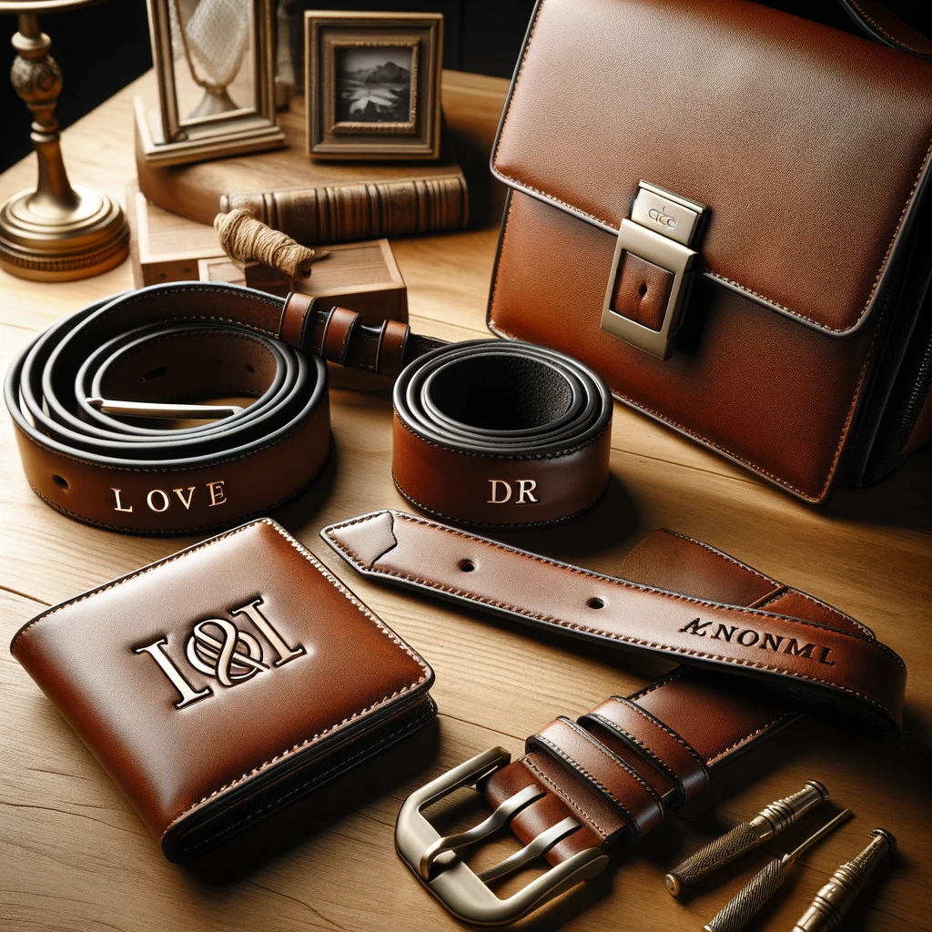 Ein Set personalisierter Lederaccessoires einschließlich Gürtel, Geldbörse und Tasche, alle mit eingravierten Initialen. Die Gegenstände sind auf einer Holzoberfläche mit