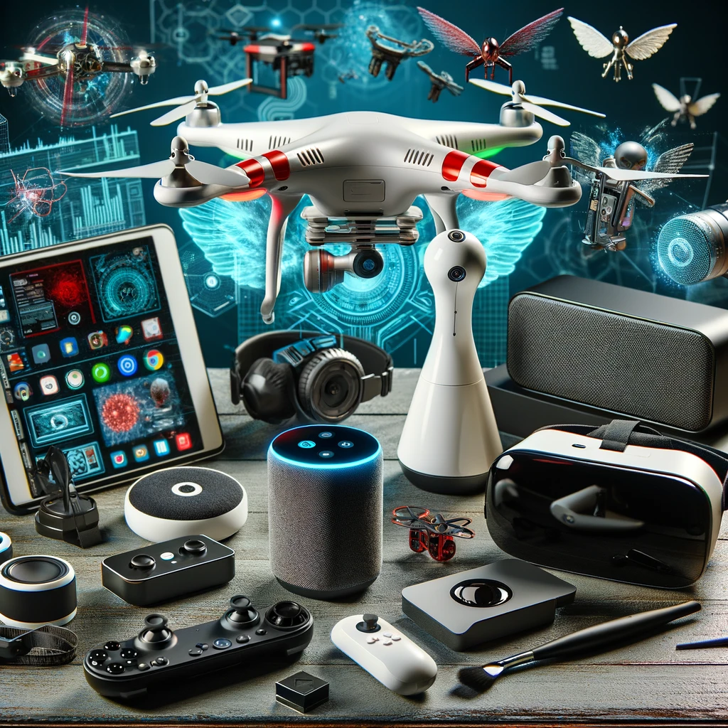 bild zeigt eine Sammlung von High-Tech-Gadgets inklusive Drohne und VR-Headset.