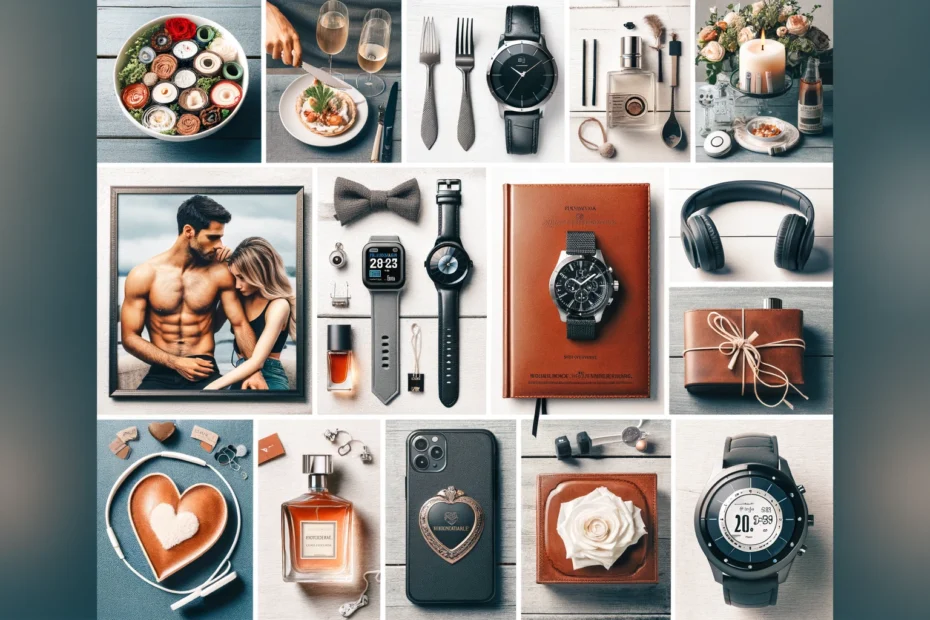 Geschenkideen für den Freund Collage verschiedener Geschenkideen für den Freund, einschließlich personalisierter Armbanduhr, romantischem Dinner, moderner Smartwatch, personalisiertem Fotobuch, hochwertigen Kopfhörern, elegantem Parfum, Fitness-Equipment, personalisierten Lederaccessoires, High-Tech-Gadgets und handgefertigtem Armband.