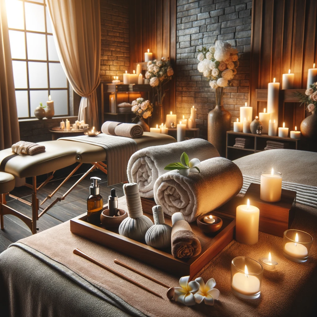 Ein luxuriöses Spa mit Massagetischen, Handtüchern und Kerzen