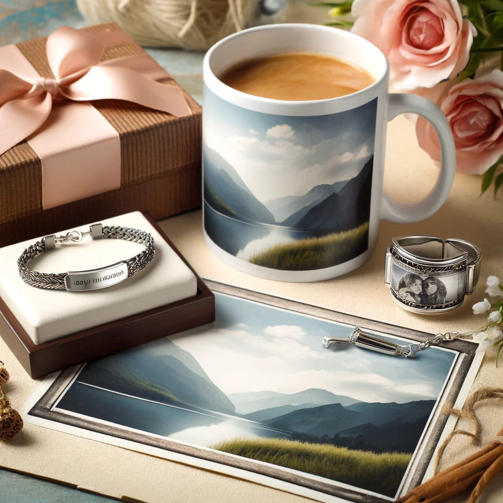 Dankeschön-Geschenke: Personalisierte Geschenke einschließlich eines gravierten Armbands und einer individuell gestalteten Fototasse