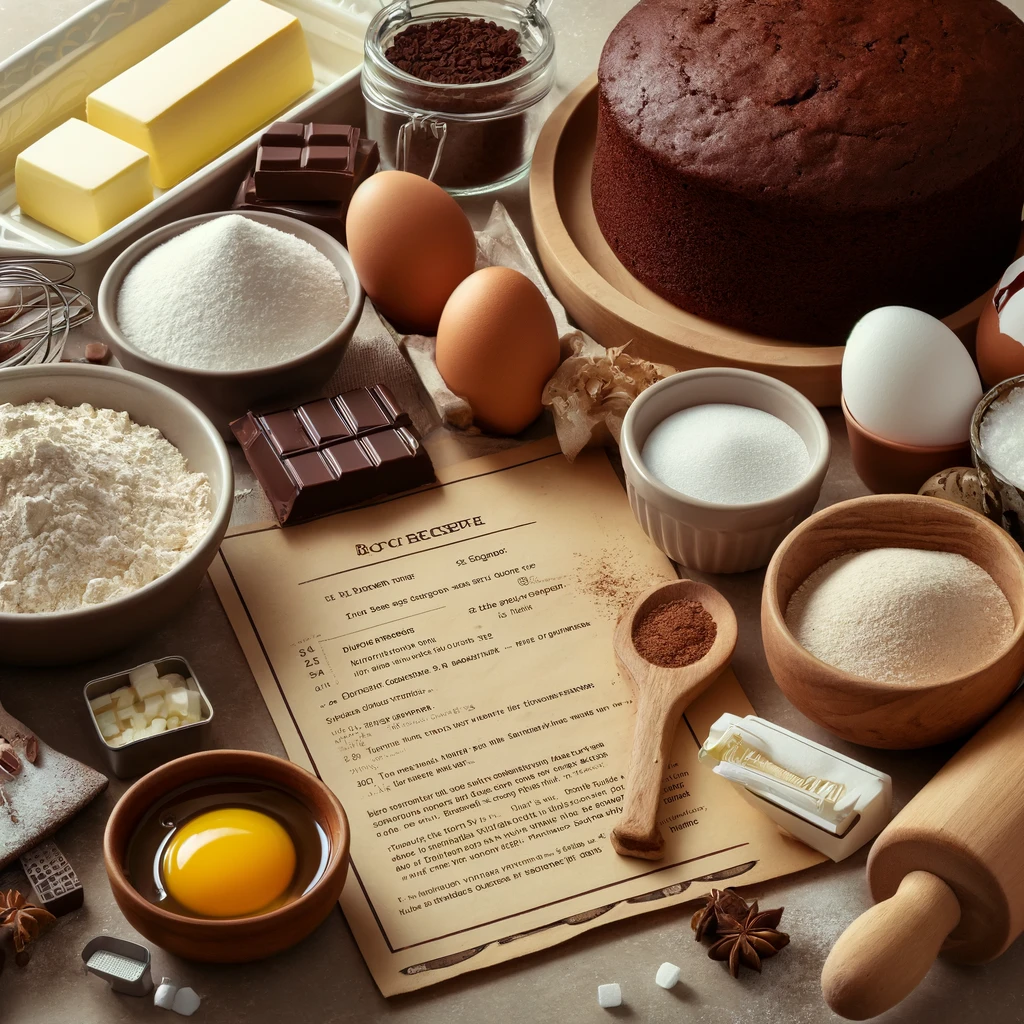 Ein Backset mit Zutaten und Rezept für Schokoladenkuchen