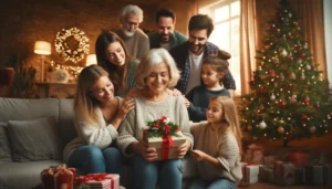 Geschenke für oma:Oma sitzt im gemütlichen Wohnzimmer, umgeben von ihrer Familie, während sie ein Geschenk auspackt. Die Szene zeigt Liebe und Zusammenhalt