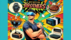 geschenke für brüder feature bild comic stilEin Arrangement von Geschenken für Brüder, darunter eine personalisierte Armbanduhr, ein Virtual Reality Headset, ein BBQ Grill Set, ein Fitness Tracker und ein Bluetooth Lautsprecher.