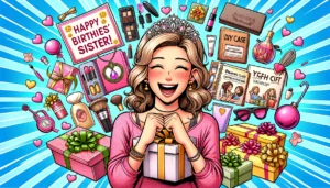 geschenke für schwester Eine bunte Comic-Illustration zeigt eine Schwester, die freudig eine Vielzahl von Geschenken erhält. Sie ist umgeben von Geschenken wie personalisiertem Schmuck, einem Wellness-Set, einem Kochkurs-Gutschein, einem modischen Accessoire, einem DIY-Bastelset, einem Erlebnisgutschein, einem Fotobuch, hochwertiger Kosmetik, einem persönlichen Tagebuch und stilvollen Wohnaccessoires.