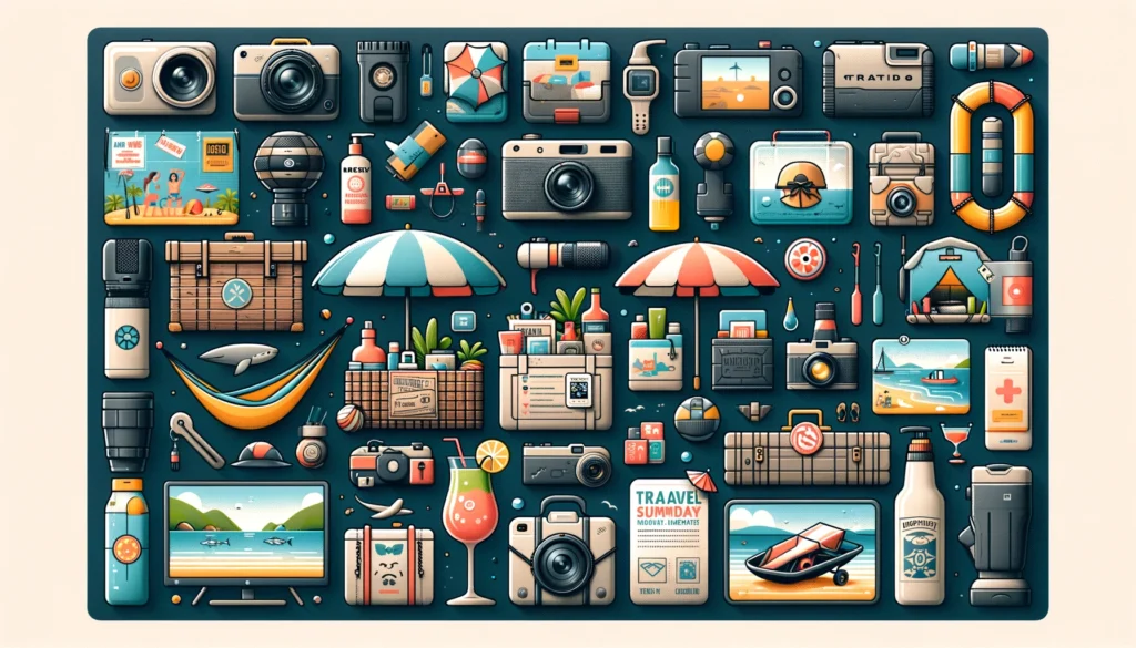 Infografik im 16:9-Format, die verschiedene Geschenkideen für die Sommerferien zeigt. Zu sehen sind wasserdichte Bluetooth-Lautsprecher, ein Strandspielzeug-Set für Kinder, eine Hängematte, ein Reise-Gutschein, ein UV-geschützter Sonnenschirm, eine Outdoor-Kamera, individuell gestaltete Strandtücher, ein Picknick-Set, eine akkubetriebene Kühlbox, ein DIY-Cocktail-Set, Schnorchelausrüstung, ein tragbarer Grill, ein Sonnenhut mit breiter Krempe, ein Outdoor-Spielset, ein Reisebuch, ein tragbarer Ventilator, eine Reise-Hängematte, ein Sonnencreme-Set und eine tragbare Hängematte. Alle Artikel sind in einem sauberen, modernen und ansprechenden Stil dargestellt.