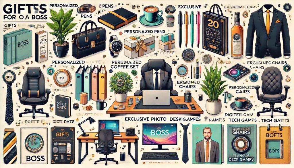 Infografik mit verschiedenen Geschenke für Chef, darunter personalisierte Stifte, Premium-Kaffee-Set, luxuriöse Schreibwaren und mehr, ohne Text