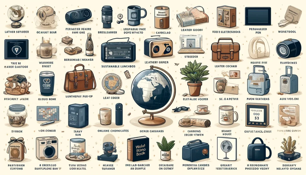 Infografik mit Bildern verschiedener Abschiedsgeschenke für einen Kollegen, darunter personalisierte Weltkarte, Bluetooth-Lautsprecher, nachhaltige Lunchboxen, Lederwaren, Online-Kurs-Gutschein und mehr.