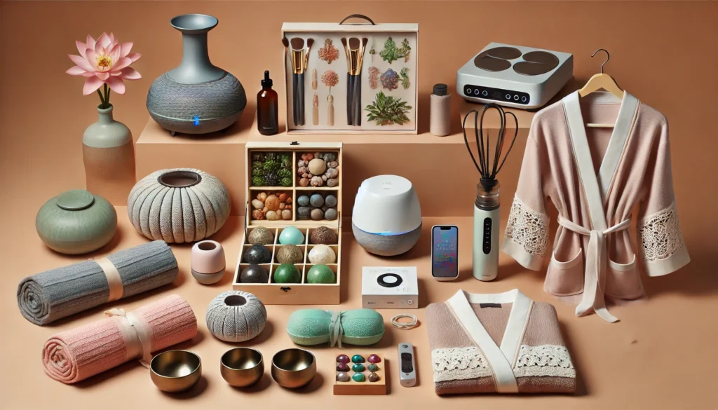 Auswahl der besten Wellness-Geschenke 2024: Aromatherapie-Diffusor, Jade-Massager, Gewichtsdecke, Yoga-Set, Wellness-Box, elektrisches Fußmassagegerät, Klangschalen, kuscheliger Bademantel, digitales Detox-Gerät und Personal Blender.