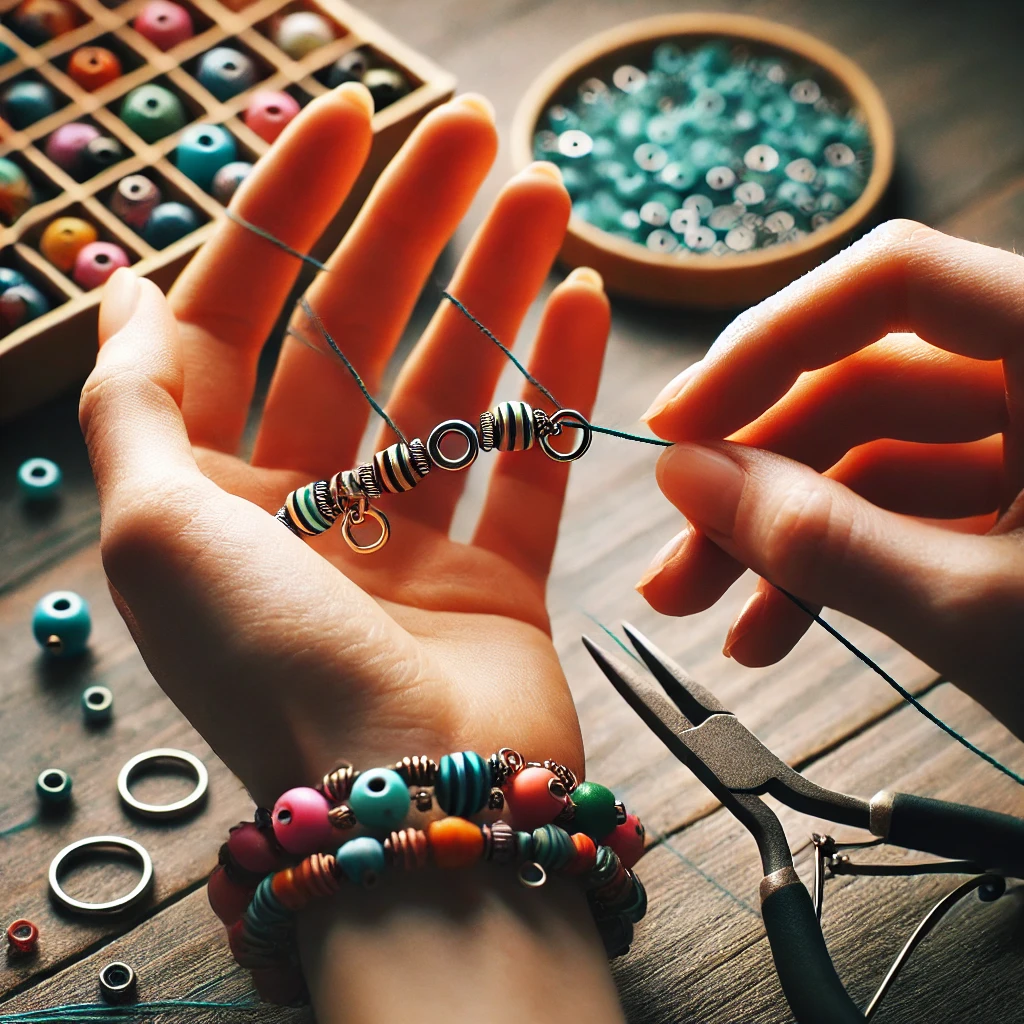 Handgemachte Schmuckstücke und Sprungringe werden auf elastisches Band gefädelt, um ein Armband zu erstellen.
