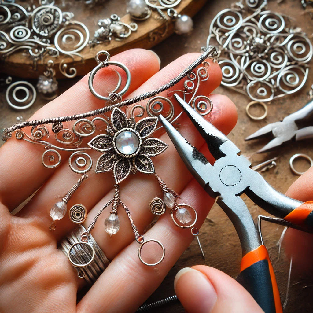 Handgemachte Schmuckstücke Überprüfen und Feinabstimmen der Drahtverbindungen an handgemachtem Schmuck.
