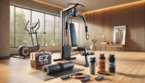 Ein realistisches Bild zeigt eine Sammlung von Fitness-Geschenken in einem modernen Raum. Zu den Artikeln gehören ein tragbares Fitnessstudio, eine SZ-Stange mit Widerstandsbändern, eine faltbare Matte, ein Shaker und ein Speed-Sprungseil.