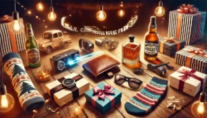 Ungewöhnliche Geschenkideen für Männer, dargestellt durch Gegenstände wie ein Vintage-Lederportemonnaie, Technik-Gadgets, personalisierte Whiskygläser und verpackte Geschenke in einem stilvoll dekorierten Raum.