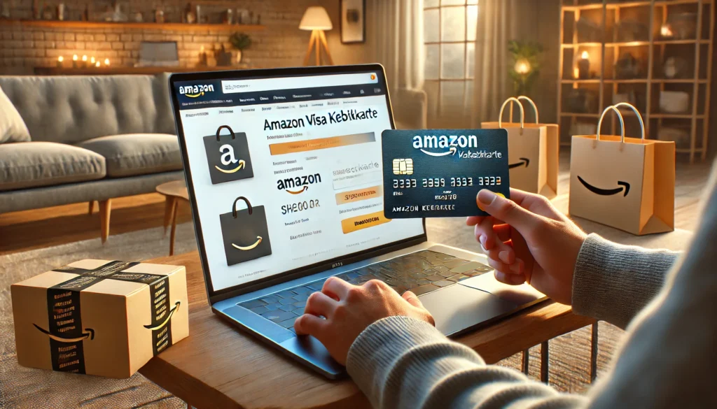 Der Artikel über die Amazon Visa Kreditkarte zeigt eine Person, die online mit der Amazon Visa Karte einkauft und dabei die Einfachheit und den Komfort eines Einkaufs von zu Hause aus betont.